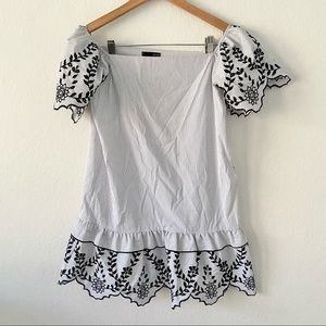 Revolve Aqua Black and White Striped Eyelet Embroidered Mini Dress Sz S